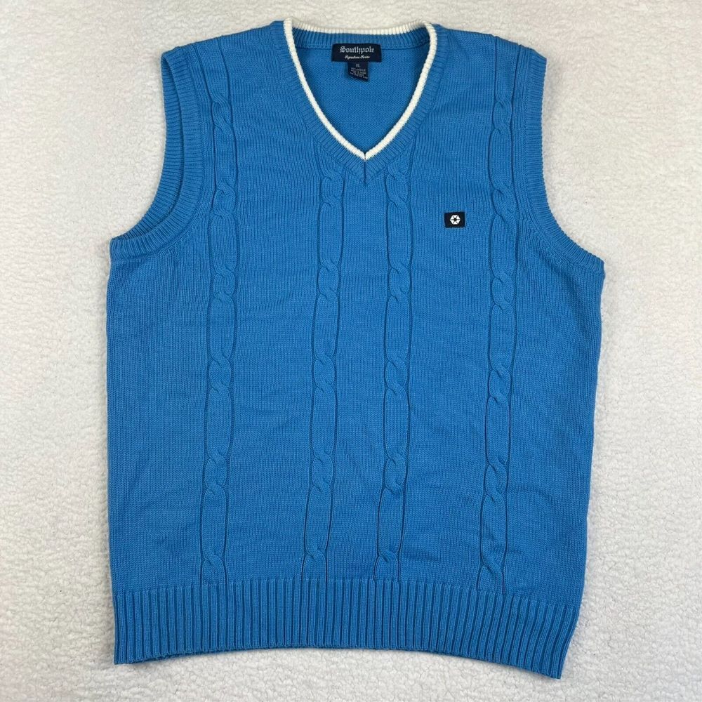 Vintage‎ South Pole Sweater Vest Men's Size XL Baby Blue Cable Knit Y2K